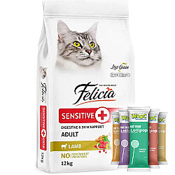 Felicia Hypoallergenic Düşük Tahıllı Kuzu Etli Kedi Maması 12 Kg + 5 Adet Wooc Lolipop Ödül - Felicia