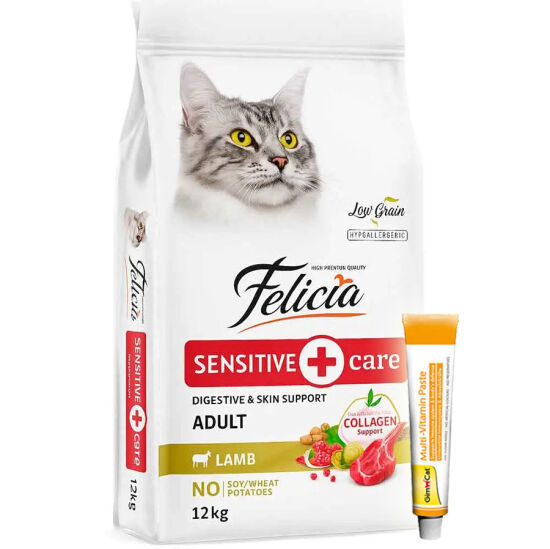 Felicia Hypoallergenic Düşük Tahıllı Kuzu Etli Kedi Maması 12 Kg + Gimcat 20 Gr Multivitamin Paste - 1