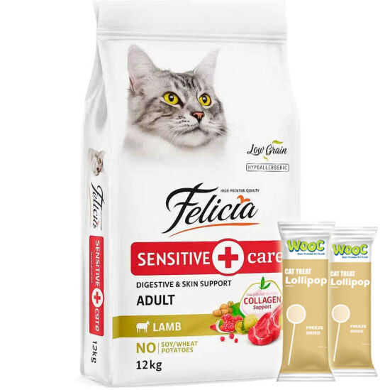Felicia Hypoallergenic Düşük Tahıllı Kuzu Etli Kedi Maması 12 Kg + 2 Adet Wooc Lolipop Ödül
