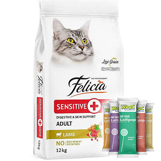 Felicia Hypoallergenic Düşük Tahıllı Kuzu Etli Kedi Maması 12 Kg + 5 Adet Wooc Lolipop Ödül - 1