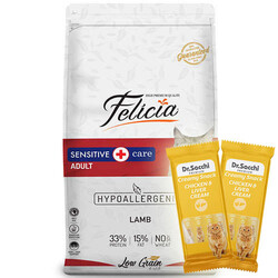 Felicia - Felicia Hypoallergenic Düşük Tahıllı Kuzu Etli Kedi Maması 12 Kg + 5 Adet Dr Sacchi 4 lü Creamy Ödül