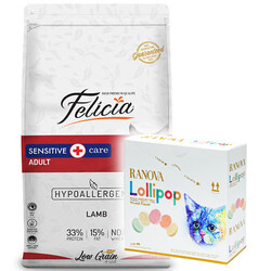 Felicia - Felicia Hypoallergenic Düşük Tahıllı Kuzu Etli Kedi Maması 12 Kg + 15'li Ranova Lolipop