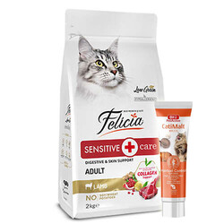 Felicia - Felicia Hypoallergenic Düşük Tahıllı Yetişkin Kuzu Etli Kedi Maması 2 Kg + Biopet Active Malt Paste 25 ML