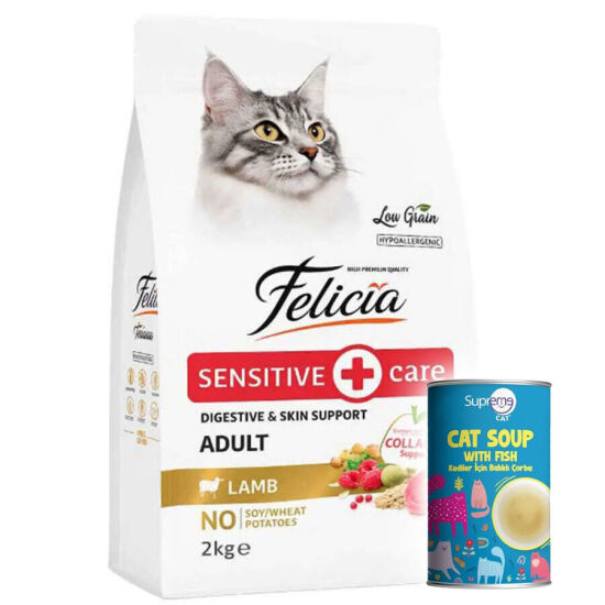 Felicia Hypoallergenic Düşük Tahıllı Kuzu Etli Kedi Maması 2 Kg + Supreme Cat Kedi Çorbası 135 ML - 1