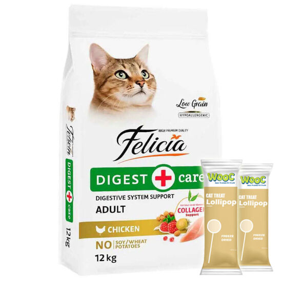 Felicia Hypoallergenic Düşük Tahıllı Tavuk Etli Kedi Maması 12 Kg + 2 Adet Wooc Lolipop Ödül - 1