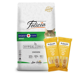Felicia - Felicia Hypoallergenic Düşük Tahıllı Tavuk Etli Kedi Maması 12 Kg + 5 Adet Dr Sacchi 4 lü Creamy Ödül