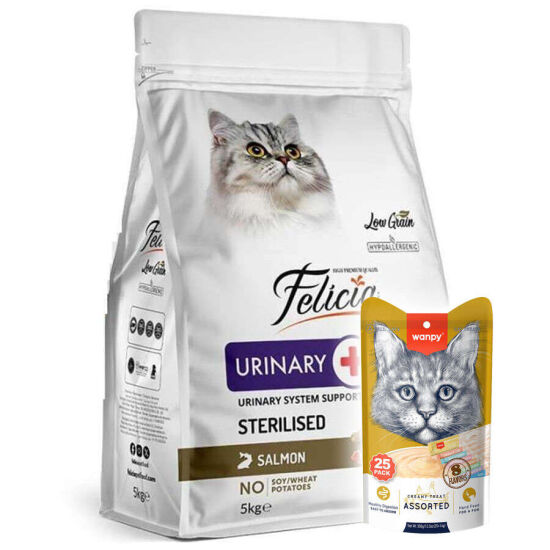 Felicia Hypoallergenic Urinary Sterilised Somonlu Kısırlaştırılmış Kedi Maması 5 Kg + Wanpy 25'li Krema Ödül - 1