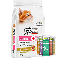 Felicia Hypoallergenic Starter Care Kitten Düşük Tahıllı Tavuklu Yavru Kedi Maması 12 Kg + 5 Adet Wooc Lolipop Ödül - Felicia