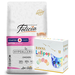 Felicia - Felicia Hypoallergenic Starter Care Kitten Düşük Tahıllı Tavuklu Yavru Kedi Maması 12 Kg + 15'li Ranova Lolipop