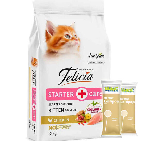Felicia Hypoallergenic Starter Care Kitten Düşük Tahıllı Tavuklu Yavru Kedi Maması 12 Kg + 2 Adet Wooc Lolipop Ödül - 1