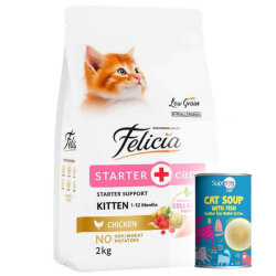 Felicia Hypoallergenic Starter Care Kitten Düşük Tahıllı Tavuklu Yavru Kedi Maması 2 Kg + Supreme Cat Kedi Çorbası 135 ML - Felicia