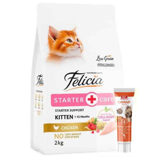 Felicia Hypoallergenic Starter Care Kitten Düşük Tahıllı Tavuklu Yavru Kedi Maması 2 Kg + Biopet Active Malt Paste 25 ML - 1
