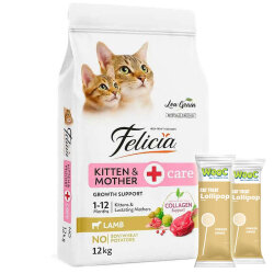 Felicia Hypoallergenic Mother Kitten Düşük Tahıllı Yavru Kuzu Etli Kedi Maması 12 Kg + 2 Adet Wooc Lolipop Ödül - Felicia
