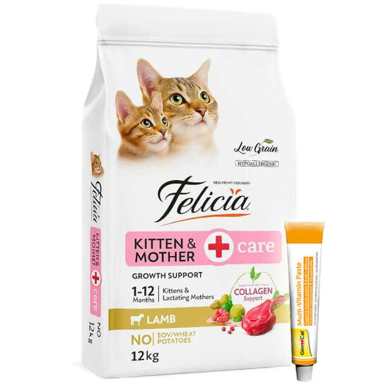 Felicia Hypoallergenic Mother Kitten Düşük Tahıllı Yavru Kuzu Etli Kedi Maması 12 Kg + Gimcat 20 Gr Multivitamin Paste - 1