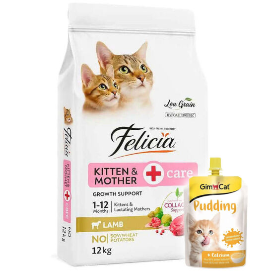 Felicia Hypoallergenic Mother Kitten Düşük Tahıllı Yavru Kuzu Etli Kedi Maması 12 Kg + Gimcat Kedi Pudingi 150 Gr - 1