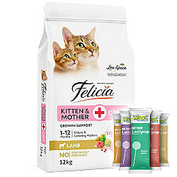 Felicia Hypoallergenic Mother Kitten Düşük Tahıllı Yavru Kuzu Etli Kedi Maması 12 Kg + 5 Adet Wooc Lolipop Ödül - Felicia