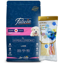 Felicia - Felicia Hypoallergenic Puppy Düşük Tahıllı Kuzu Etli Büyük Irk Yavru Köpek Maması 3 Kg + 3'lü Ranova Lolipop