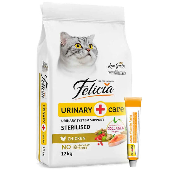 Felicia Hypoallergenic Sterilised Düşük Tahıl Kısırlaştırılmış Tavuk Kedi Maması 12 Kg + Gimcat 20 Gr Multivitamin Paste - 1