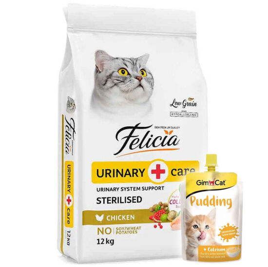 Felicia Hypoallergenic Sterilised Düşük Tahıl Kısırlaştırılmış Tavuk Kedi Maması 12 Kg + Gimcat Kedi Pudingi 150 Gr - 1