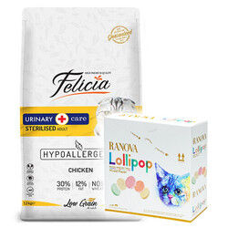 Felicia - Felicia Hypoallergenic Sterilised Düşük Tahıl Kısırlaştırılmış Tavuk Kedi Maması 12 Kg + 15'li Ranova Lolipop