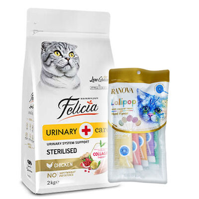 Felicia Hypoallergenic Sterilised Düşük Tahıllı Kısırlaştırılmış Tavuk Kedi Maması 2 Kg + 5'li Ranova Lolipop