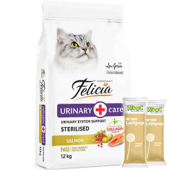 Felicia Hypoallergenic Urinary Sterilised Somonlu Kısırlaştırılmış Kedi Maması 12 Kg + 2 Adet Wooc Lolipop Ödül - Felicia