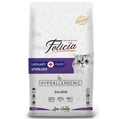 Felicia Hypoallergenic Urinary Sterilised Somonlu Kısırlaştırılmış Kedi Maması 12 Kg + 5 Adet Wanpy 50 Gr Kedi Çorbası