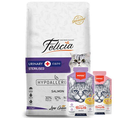 Felicia Hypoallergenic Urinary Sterilised Somonlu Kısırlaştırılmış Kedi Maması 12 Kg + 5 Adet Wanpy 50 Gr Kedi Çorbası