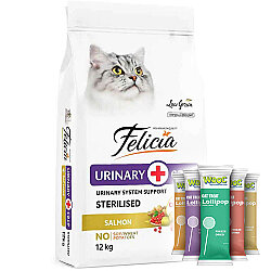 Felicia Hypoallergenic Urinary Sterilised Somonlu Kısırlaştırılmış Kedi Maması 12 Kg + 5 Adet Wooc Lolipop Ödül - Felicia