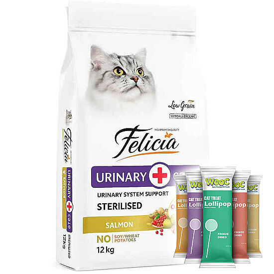 Felicia Hypoallergenic Urinary Sterilised Somonlu Kısırlaştırılmış Kedi Maması 12 Kg + 5 Adet Wooc Lolipop Ödül - 1