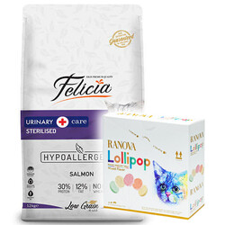 Felicia - Felicia Hypoallergenic Urinary Sterilised Somonlu Kısırlaştırılmış Kedi Maması 12 Kg + 15'li Ranova Lolipop