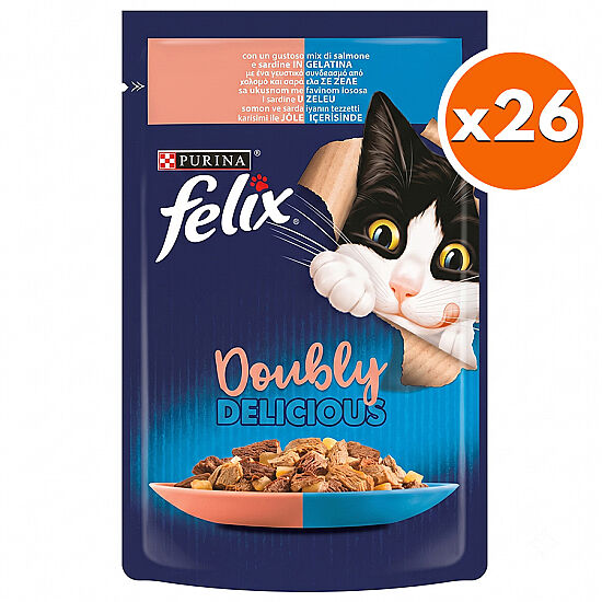 Felix Pouch Doubly Delicious Somon ve Sardalyalı Yaş Kedi Maması 85 Gr - BOX - 26 Adet - 2
