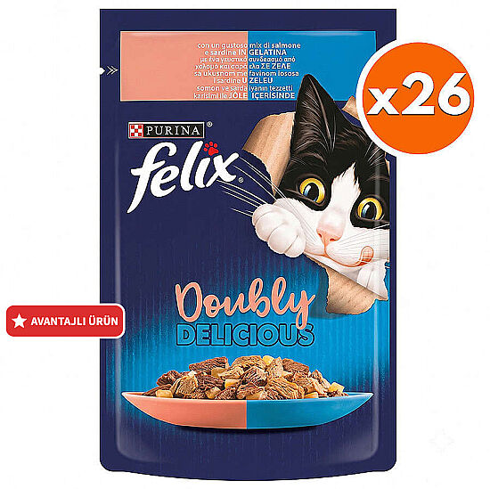 Felix Pouch Doubly Delicious Somon ve Sardalyalı Yaş Kedi Maması 85 Gr - BOX - 26 Adet - 1