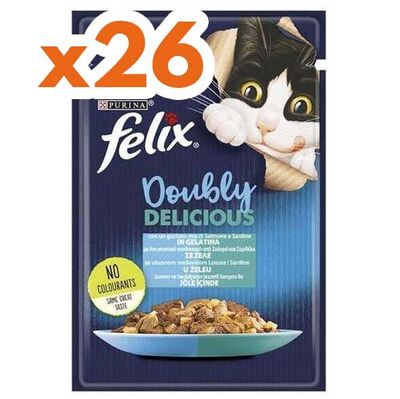 Felix Pouch Doubly Delicious Somon ve Sardalyalı Yaş Kedi Maması 85 Gr - BOX - 26 Adet
