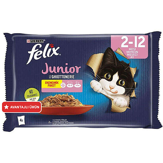 Felix Multi Pouch Junior Sığır Etli ve Tavuklu Yavru Yaş Kedi Maması 4 Adet x 85 Gr - 1
