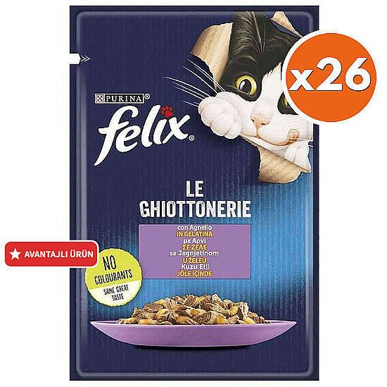 Felix Pouch Le Ghiottonerie Kuzu Etli Yaş Kedi Maması 85 Gr - BOX - 26 Adet - 1