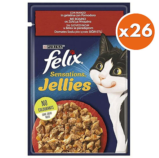 Felix BOX Pouch Sensations Jellies Sığır Etli ve Domatesli Yaş Kedi Maması 85 Gr - 26 Adet - 1