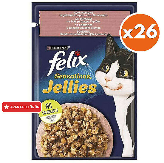 Felix Pouch Sensations Jellies Somon ve Karidesli Yaş Kedi Maması 85 Gr - BOX - 26 Adet - 1