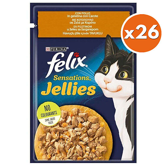 Felix BOX Pouch Sensations Jellies Tavuk Etli ve Havuçlu Yaş Kedi Maması 85 Gr - 26 Adet - 1
