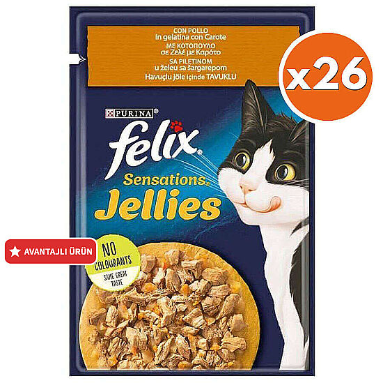 Felix BOX Pouch Sensations Jellies Tavuk Etli ve Havuçlu Yaş Kedi Maması 85 Gr - 26 Adet - 1
