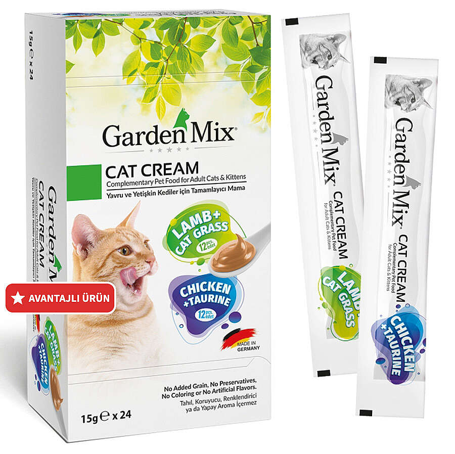 Garden Mix Kuzu Kedi Otu ve Tavuk Taurin Ek Besin Kedi Ödül Kreması (24 x 15 Gr)