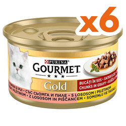 Gourmet - Gourmet Gold Parça Etli Soslu Somon ve Tavuk Kedi Konservesi 85 Gr x 6 Adet