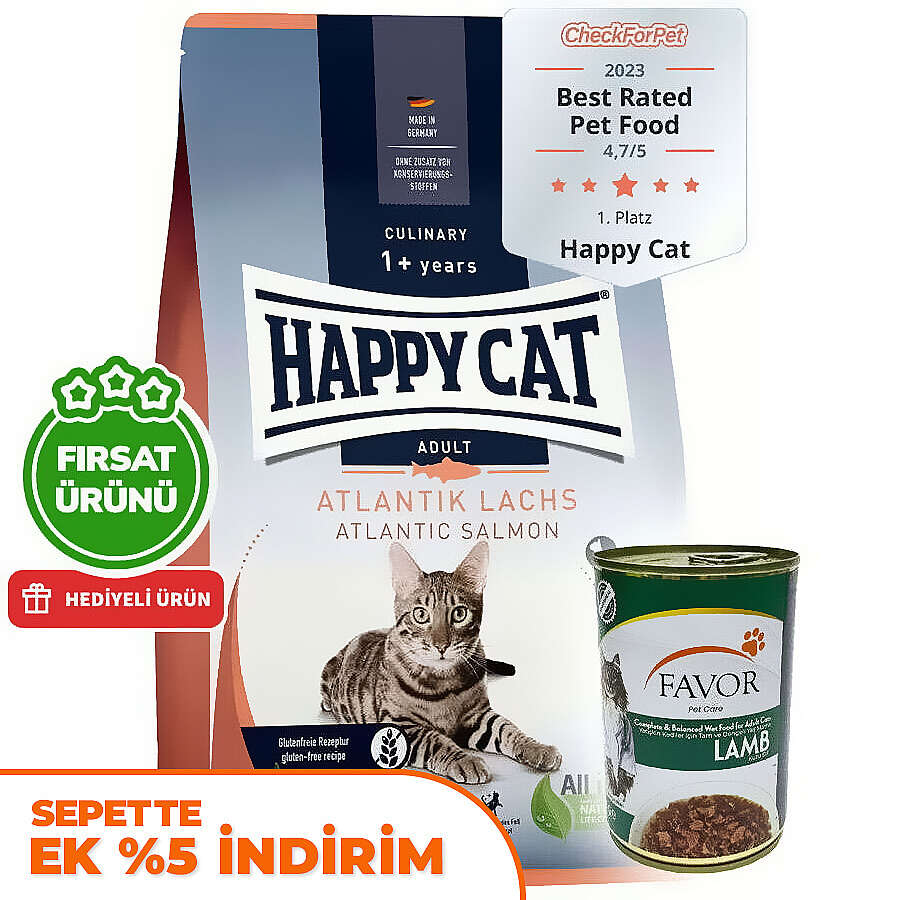 Happy Cat Atlantic Lachs Somonlu Kedi Maması 10 Kg + 5 Adet Favor Kuzu Konservesi 400 Gr
