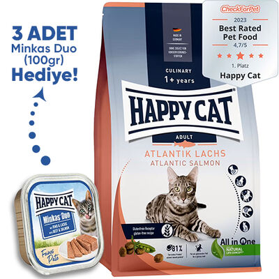 Happy Cat Atlantic Lachs Somonlu Kedi Maması 10 Kg + 3 Adet Happy Cat 100 Gr Yaş Mama