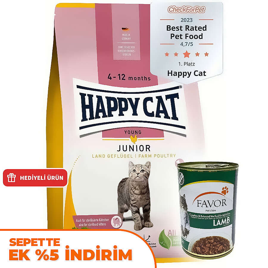 Happy Cat Junior Kümes Hayvanlı Yavru Kedi Maması 4 Kg + 2 Adet Favor Kuzu Konservesi 400 Gr