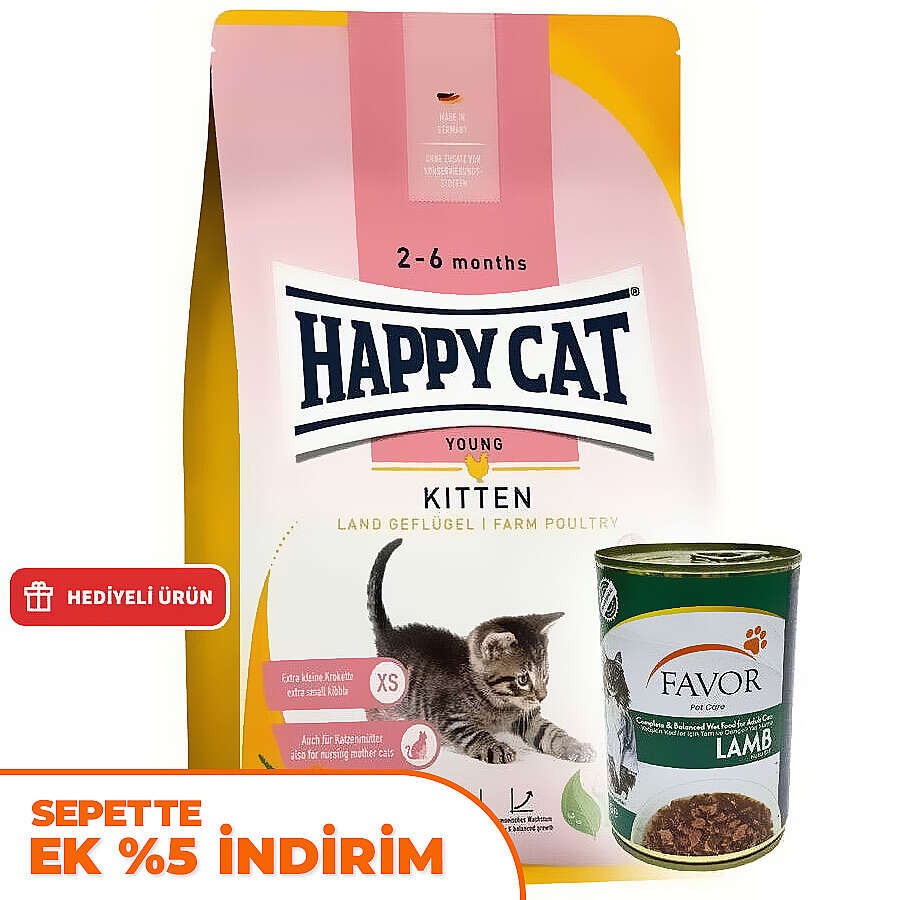Happy Cat Kitten Kümes Hayvanı Yavru Kedi Maması 4 Kg + 2 Adet Favor Kuzu Konservesi 400 Gr