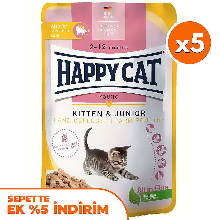 Happy Cat Meat in Sauce Kitten Junior Kümes Hayvanlı Kedi Yaş Maması 85 Gr x 5 Adet