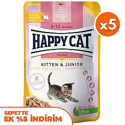 Happy Cat Meat in Sauce Kitten Junior Kümes Hayvanlı Kedi Yaş Maması 85 Gr x 5 Adet - Happy Cat