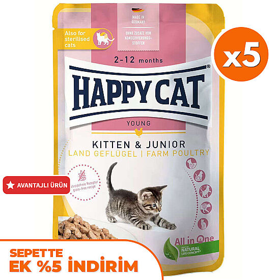 Happy Cat Meat in Sauce Kitten Junior Kümes Hayvanlı Kedi Yaş Maması 85 Gr x 5 Adet - 1
