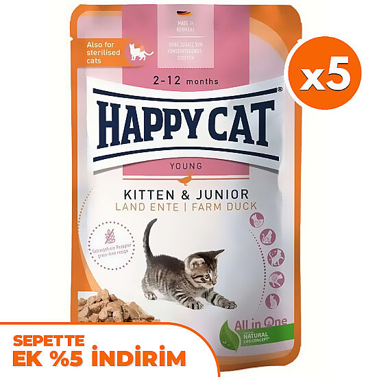 Happy Cat Meat in Sauce Kitten Junior Ördekli Kedi Yaş Maması 85 Gr x 5 Adet - 1